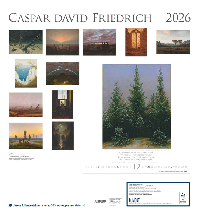 DUMONT - Caspar David Friedrich 2026 – Kunst-Wandkalender 45 x 48 cm mit 12 romantischen Landschaftsgemälden, Kalender für Kunstliebhaber