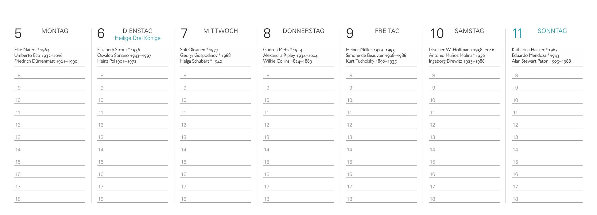Der literarische Tischplaner 2026 - Wochenkalender mit Zitaten und Biografien ausgewählter Autorinnen und Autoren